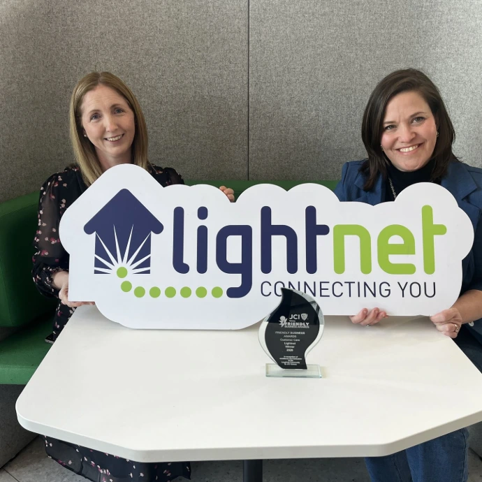 Caroline Ryan and Jillian Roux accepted the JCI Galway Friendly Business Awards 2026 - Customer Care award on behalf of Lightnet