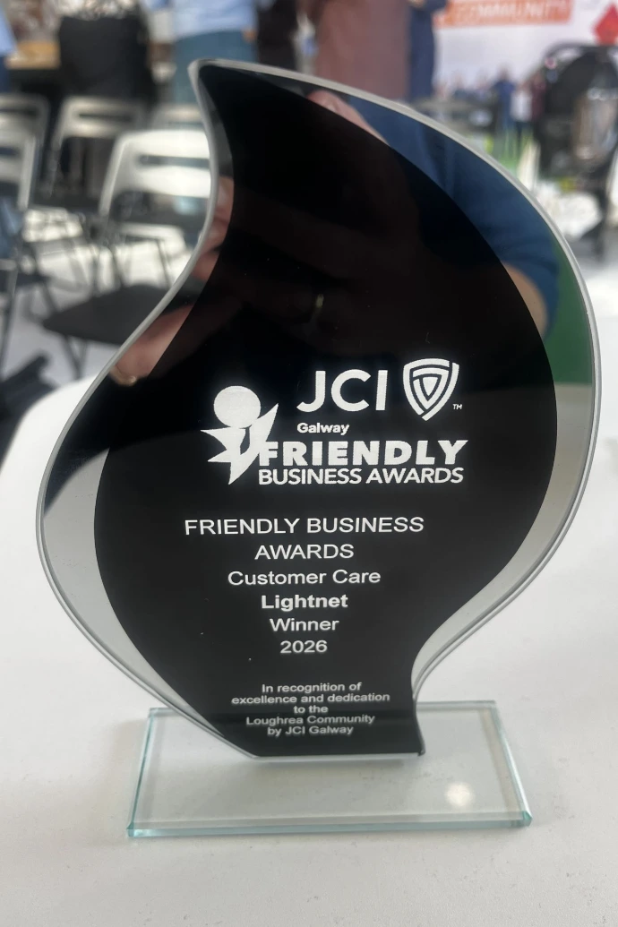 Close up of the JCI Galway Friendly Business Awards 2026 - Customer Care award trophy